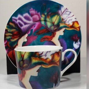Julio Cesar Valverde Art 4pc Coffee Set 2 Cups 2 Saucers Limited Edition Colores